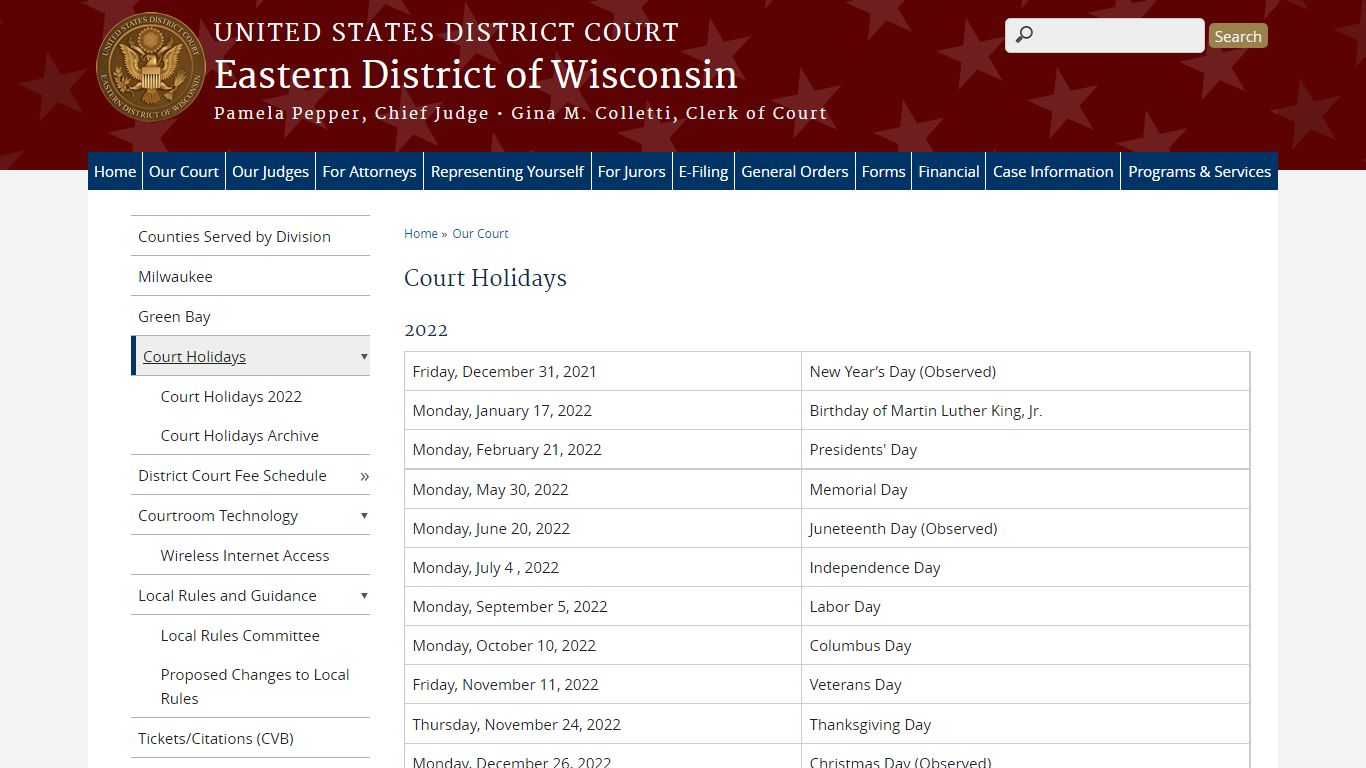 Court Holidays | Eastern District of Wisconsin - United States Courts